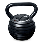 A black adjustable kettlebell with a gray dial and a textured handle.