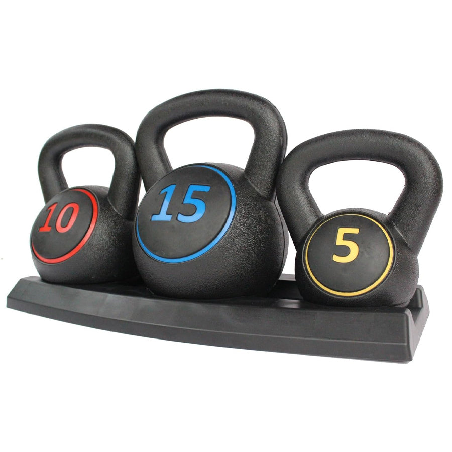 A set of three black kettlebells on a stand, with each kettlebell having a different weight marking: 5, 10, and 15 in colorful numbers.