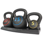 A set of three black kettlebells on a stand, with each kettlebell having a different weight marking: 5, 10, and 15 in colorful numbers.