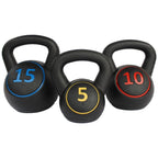 Three black kettlebells with colored numbers on a white background