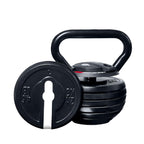 Black kettlebell with weight plates on a white background