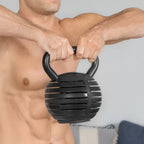 Man holding a black textured kettlebell against a plain background