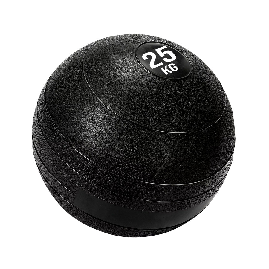 A black heavy duty slam ball with a textured surface and the weight '25 KG' labeled on it.