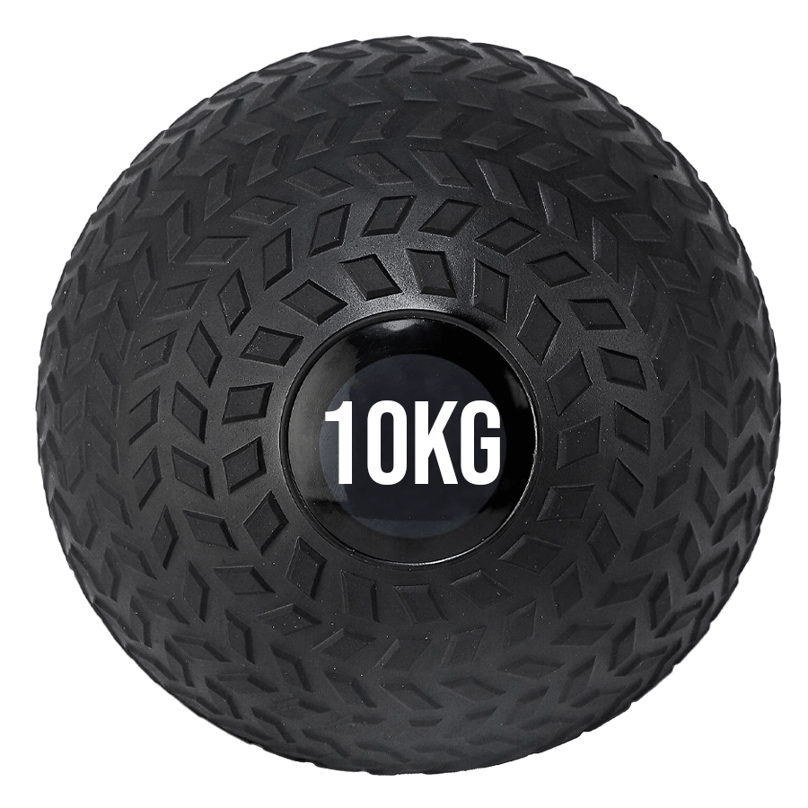 A black treaded slam ball with a textured grip and the weight '10KG' displayed on it.