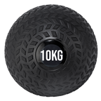 A black treaded slam ball with a textured grip and the weight '10KG' displayed on it.