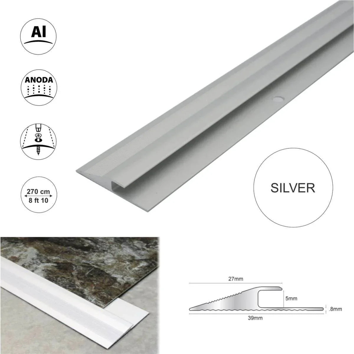 2.7m Aluminium LVT Reducer Threshold Strip – Click Vinyl Floor Edge Transition