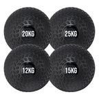 4 black treaded slam ball with a textured grip and the weight '20KG'25KG,12KG,15KG displayed on it.