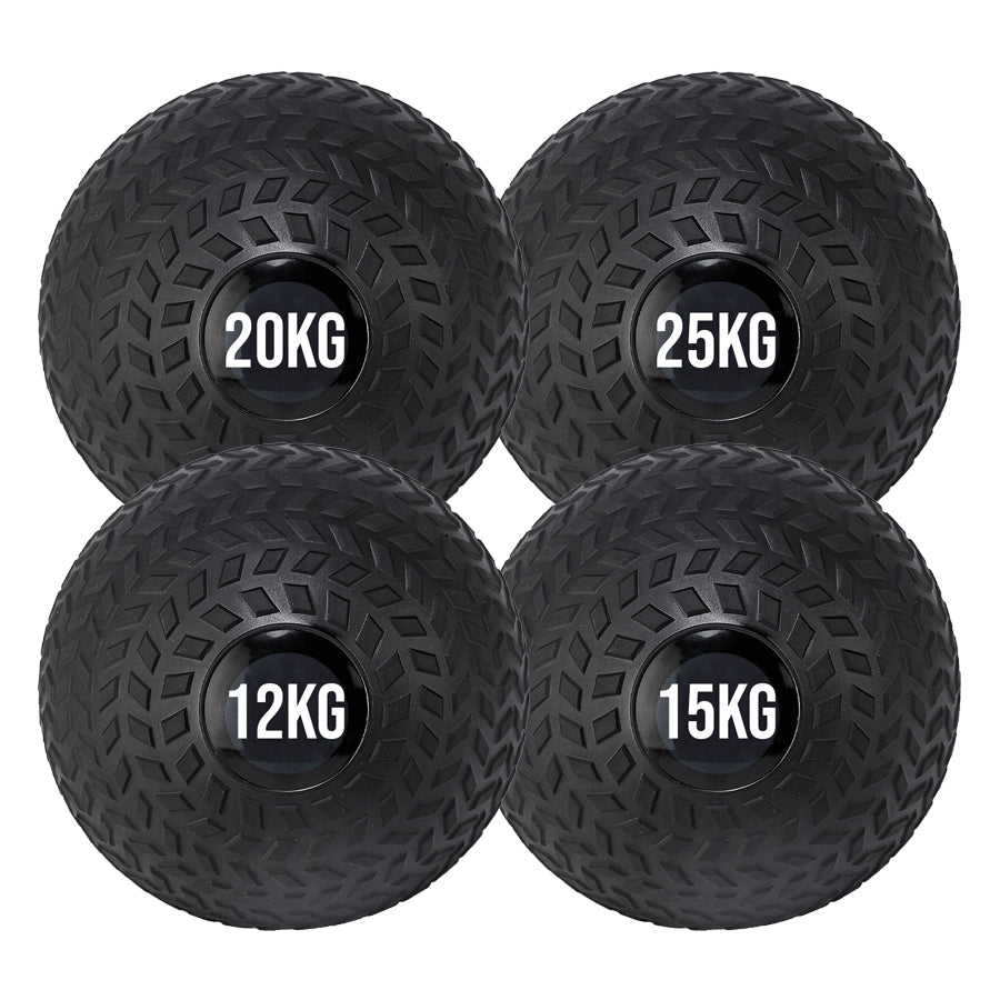 4 black treaded slam ball with a textured grip and the weight '20KG'25KG,12KG,15KG displayed on it.