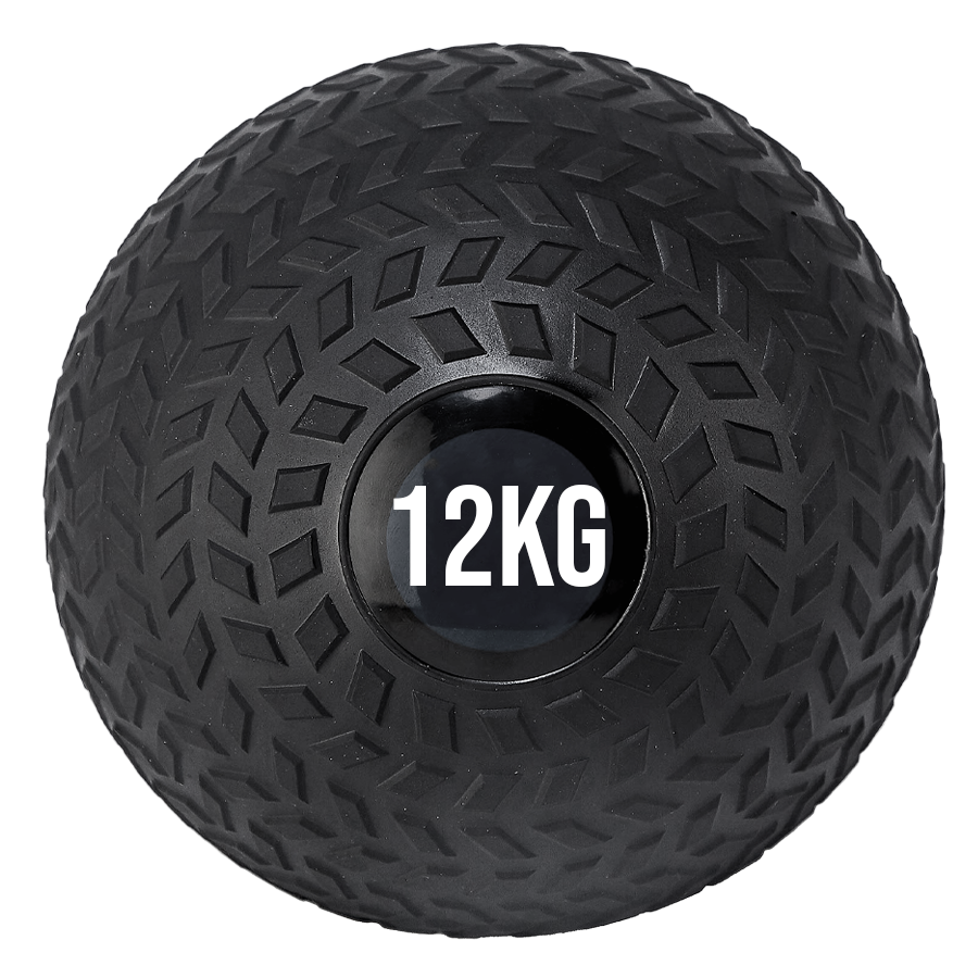 A black treaded slam ball with a textured grip and the weight '12KG' displayed on it.