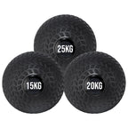 A black treaded slam ball with a textured grip and the weight '25KG,15KG,20KG' displayed on it.