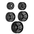 Set of black barbell weight plates with labeled weights on a white background