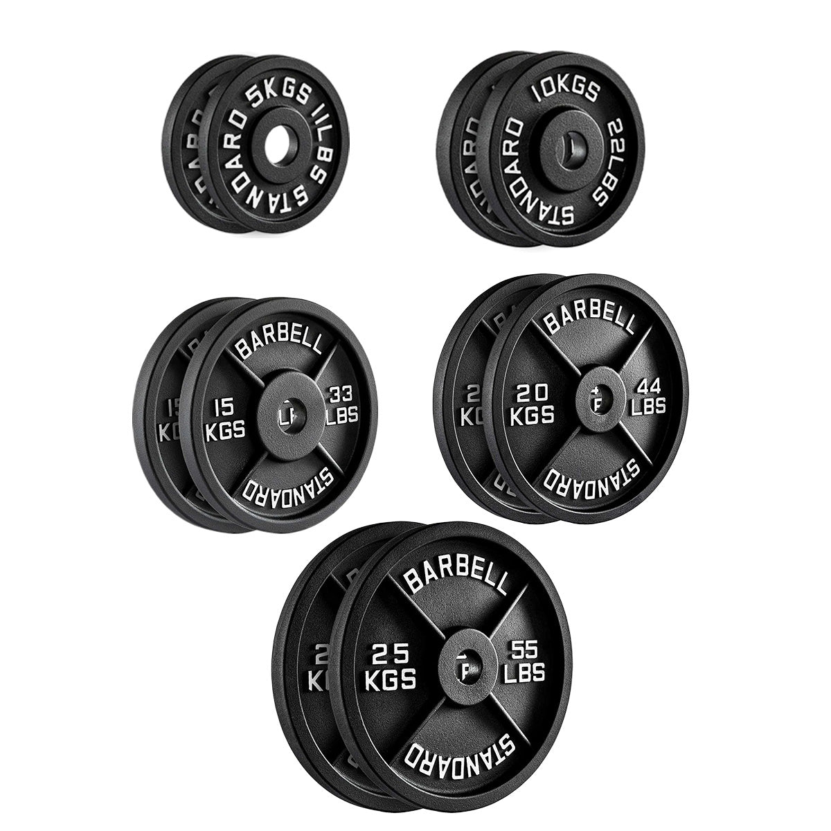 Set of black barbell weight plates with labeled weights on a white background