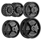 Set of weight plates with labeled weights on a white background