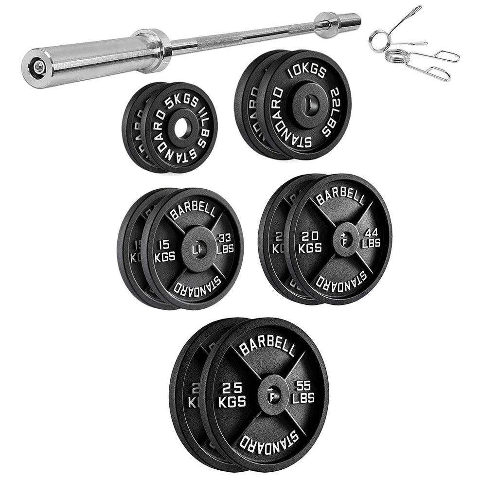 Set of barbell weights with a bar on a white background