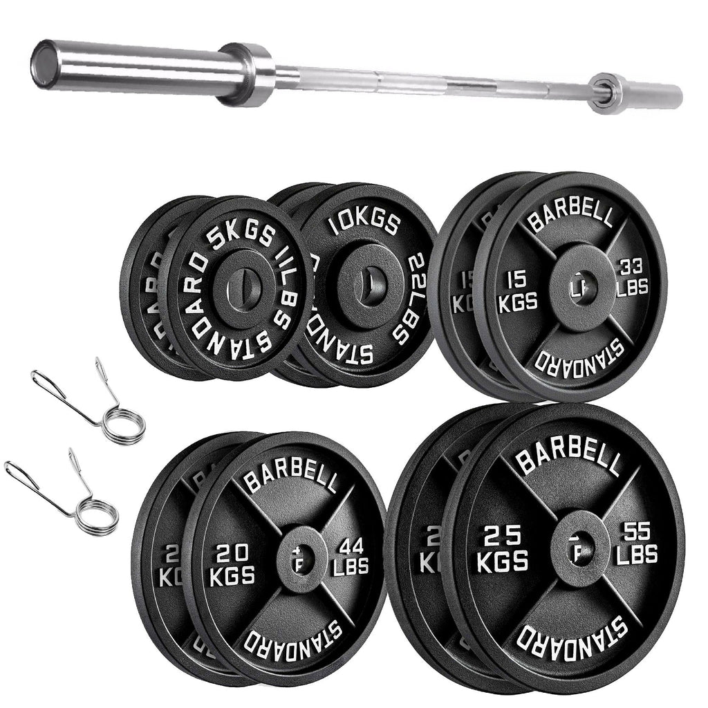 Barbell set with weight plates and cables on a white background