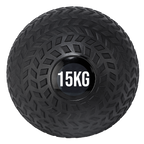 A black treaded slam ball with a textured grip and the weight '15KG' displayed on it.