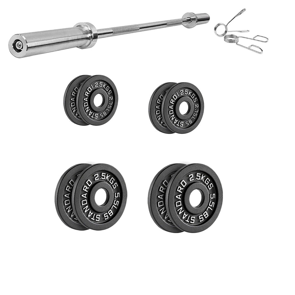 Barbell with weight plates and spring clips on a white background