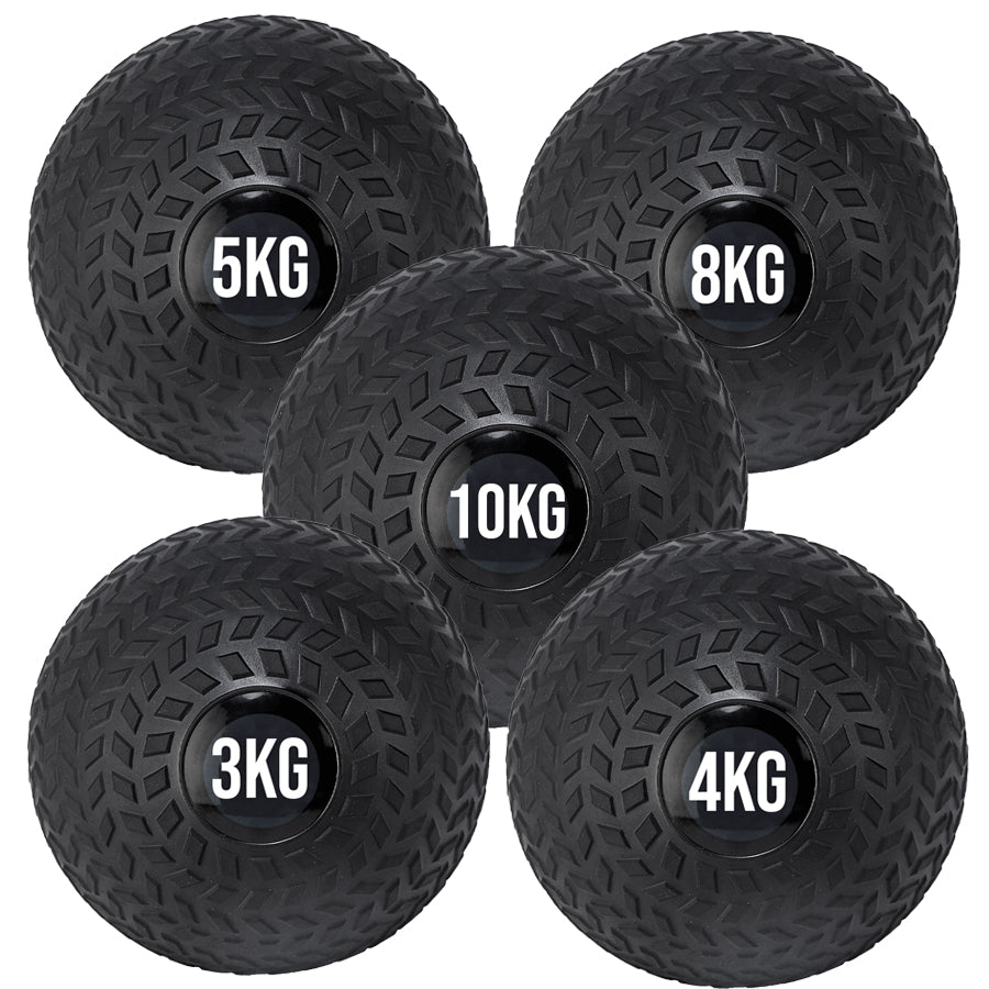 A black treaded slam ball with a textured grip and the weight '5KG,8KG,10KG,3KG,4KG' displayed on it.