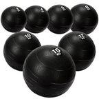 7 black heavy duty slam balls with a textured surface and the white background