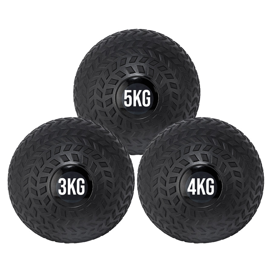 A black treaded slam ball with a textured grip and the weight '5KG,3KG,4KG' displayed on it.
