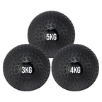 A black treaded slam ball with a textured grip and the weight '5KG,3KG,4KG' displayed on it.
