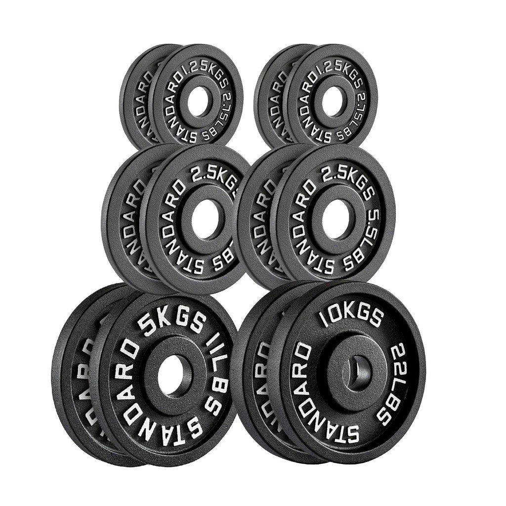 Set of black weight plates with labeled weights on a white background
