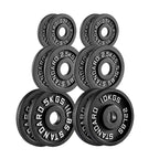 Set of black weight plates with labeled weights on a white background