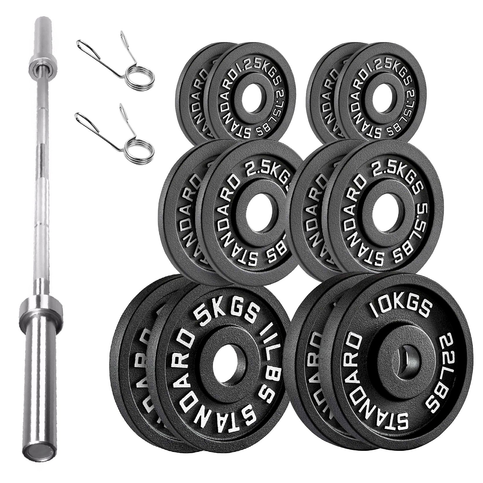 Set of weight plates, barbell, and connectors on a white background