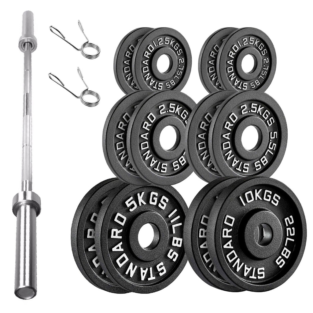 Set of weight plates, barbell, and connectors on a white background