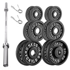 Set of weight plates, barbell, and connectors on a white background