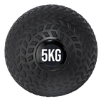 A black treaded slam ball with a textured grip and the weight '5KG' displayed on it.