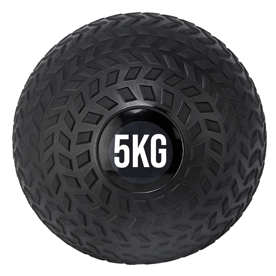 A black treaded slam ball with a textured grip and the weight '5KG' displayed on it.