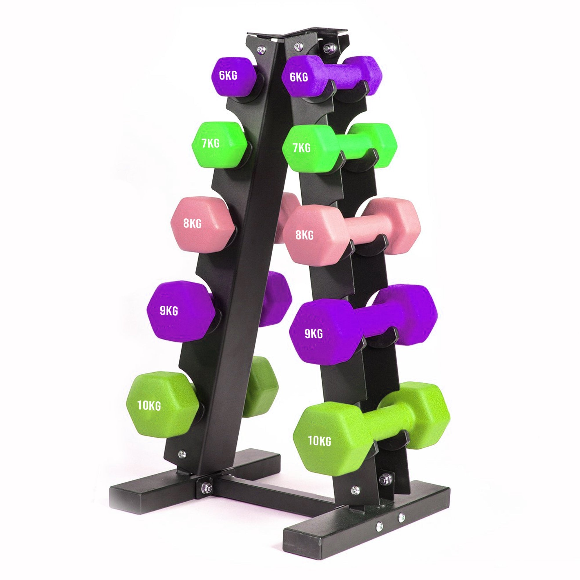A black heavy-duty steel 3-tier dumbbell tree storage rack with a space-saving design for organizing weights in a home gym.