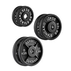 Three black weight plates with labeled weights on a white background