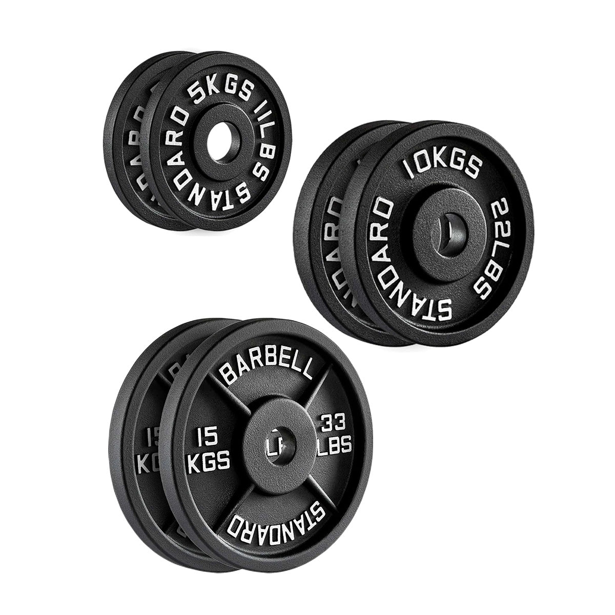 Three black weight plates with labeled weights on a white background