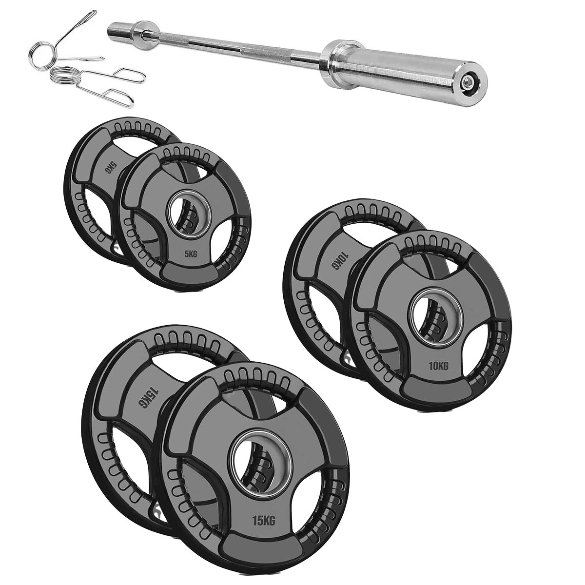 Set of weight plates and a barbell on a white background