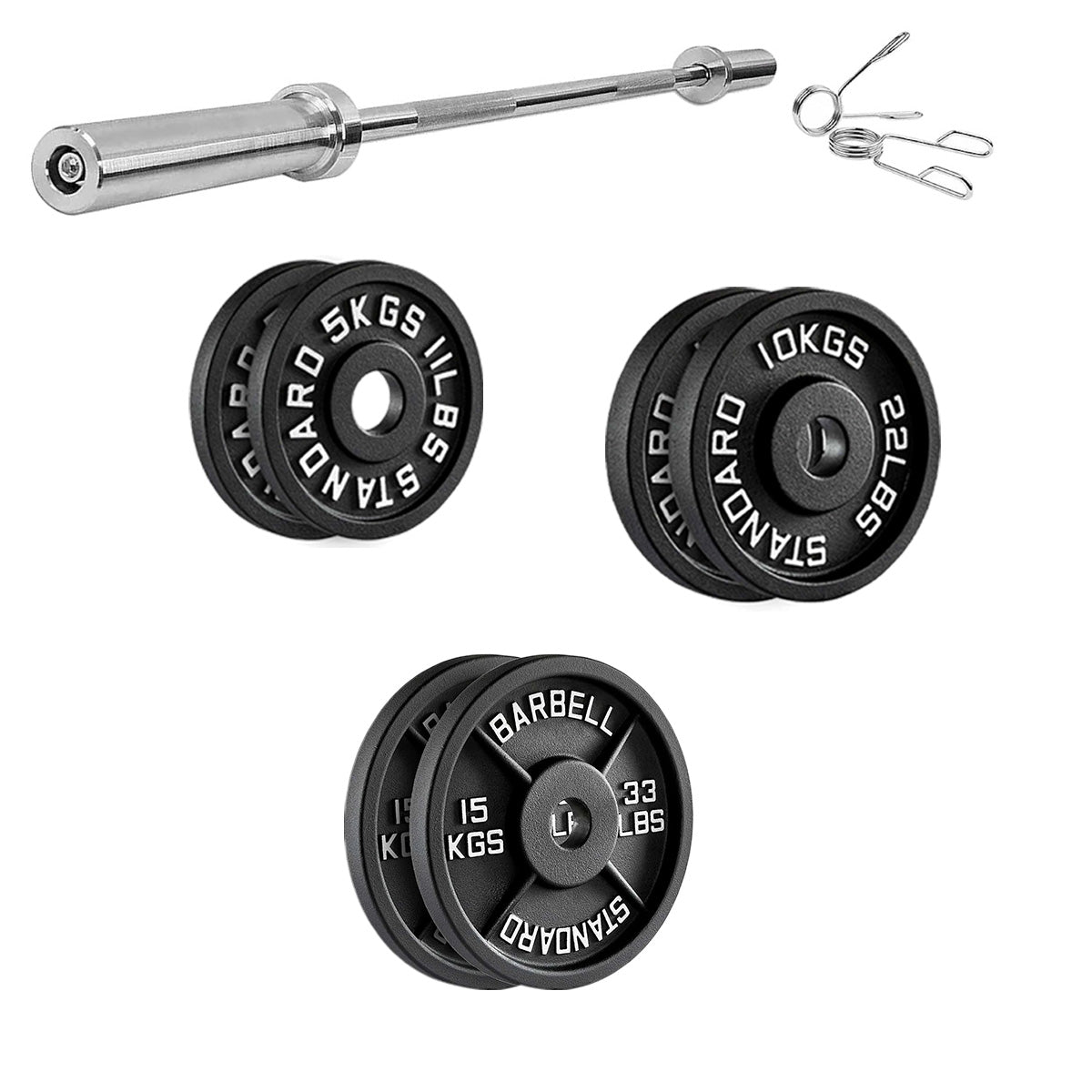 Barbell set with weight plates and bar on a white background