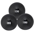 A black treaded slam ball with a textured grip and the weight '12KG,8KG,10KG' displayed on it.