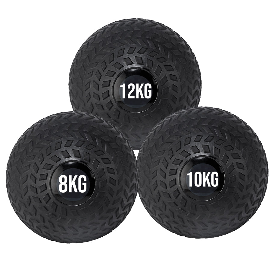 A black treaded slam ball with a textured grip and the weight '12KG,8KG,10KG' displayed on it.