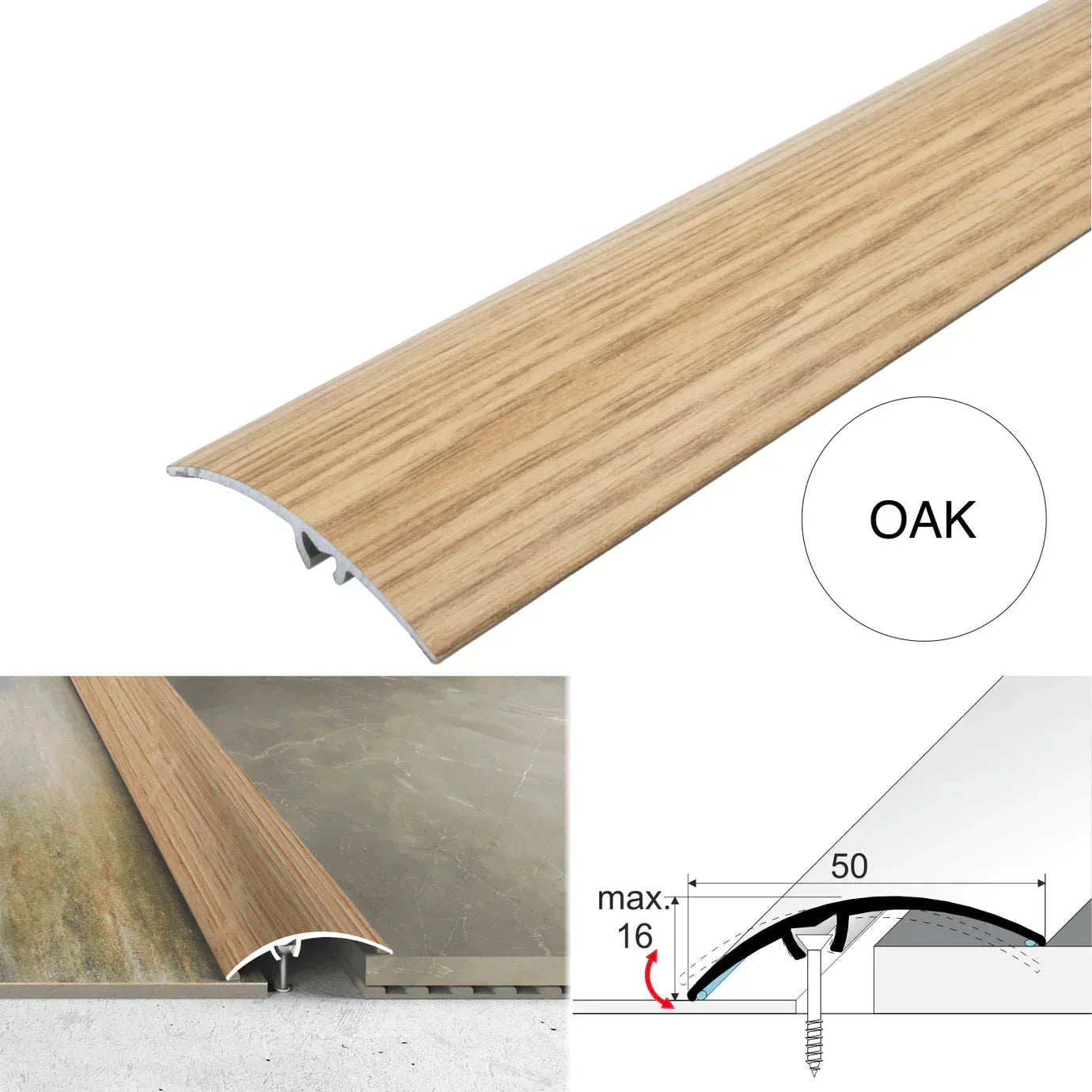 50mm Aluminium Wood Effect Floor Transition Strip with Hidden Screw Fixing