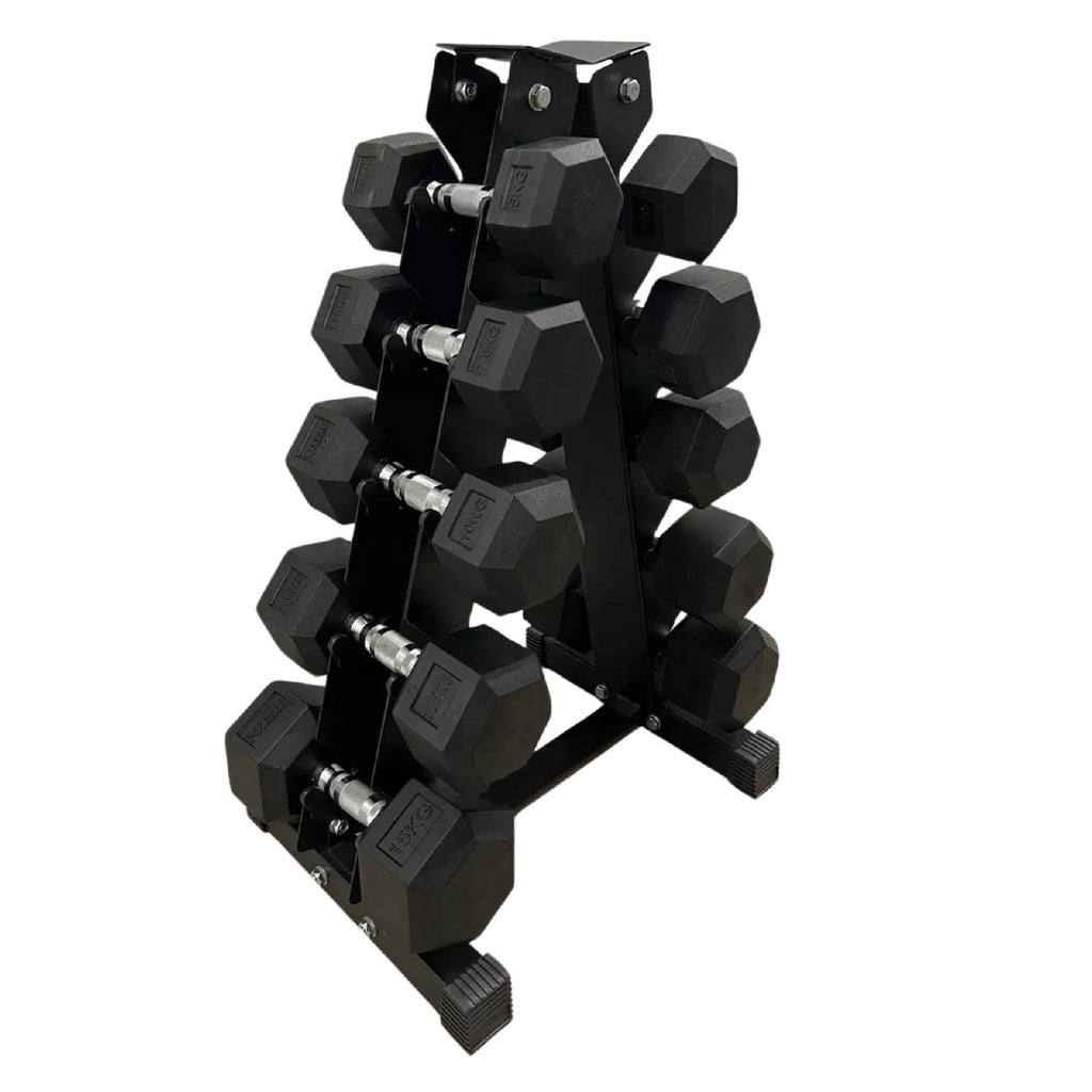 Rubber-Coated Hex Dumbbell Set 2.5–25kg with 5-Tier Storage Rack Optional