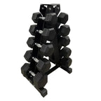 Set of black hexagonal dumbbells on a rack against a white background