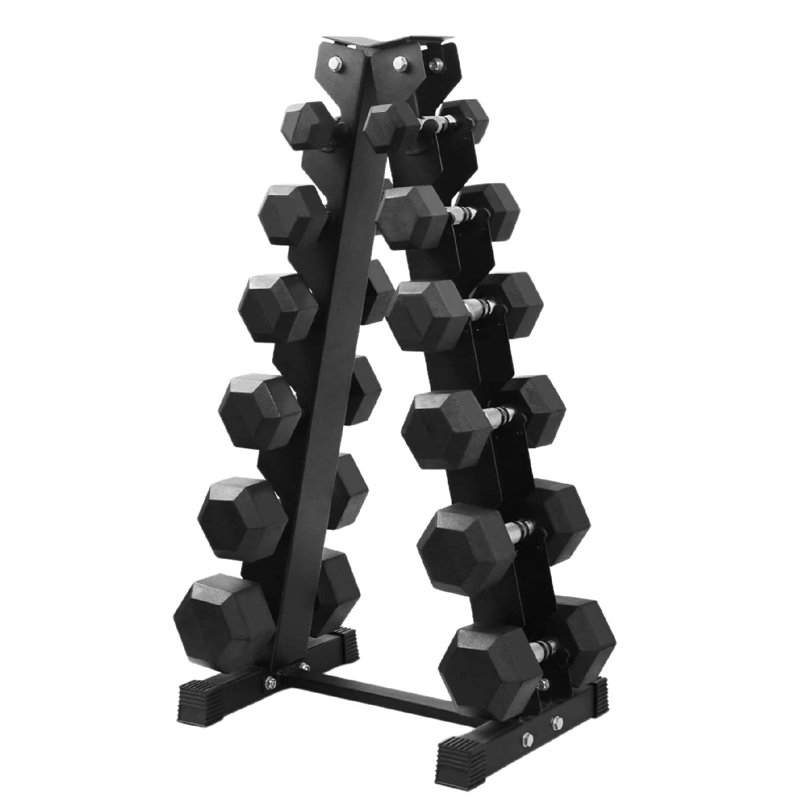 Rubber Hex Dumbbells 2.5–30kg with Space Saving Storage Rack Optional