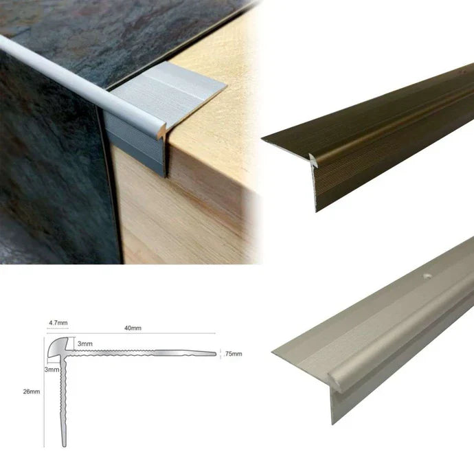 Outer Corner Aluminium Stair Nosing for LVT Floors – 40 x 26mm, 2.7m Screw-Fixed Edge Trim for 3mm Vinyl