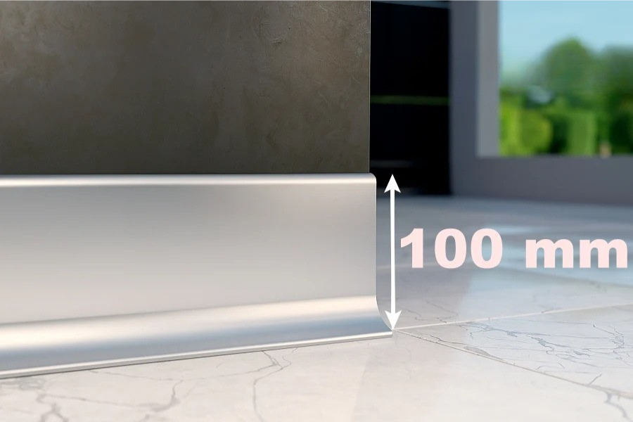 Silver Anodised Wall–Floor Trim, 100mm Aluminium Skirting Board in 2500mm Length