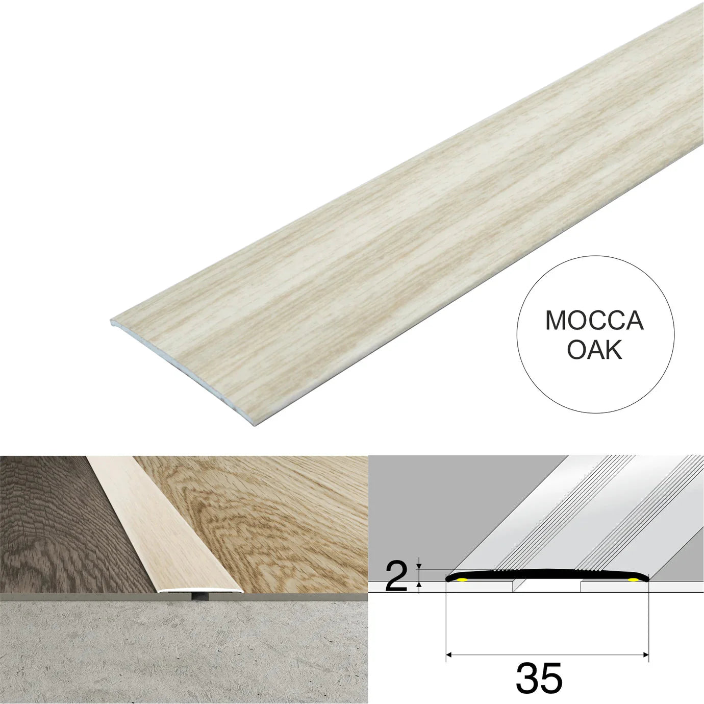 Wood Effect Flat Floor Threshold 35mm – Self Adhesive Aluminium Door Strip