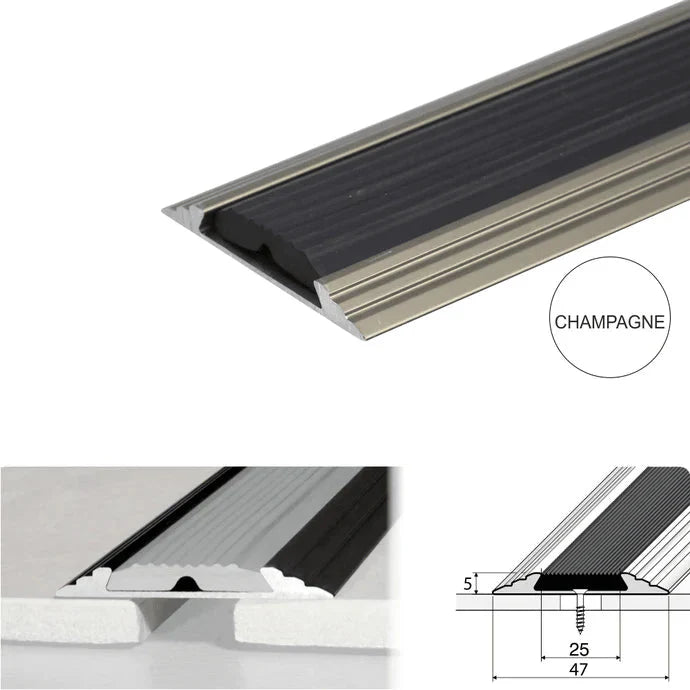 50mm Flat Aluminium Threshold Strip with Anti-Slip Rubber Insert for Floors and Stairs