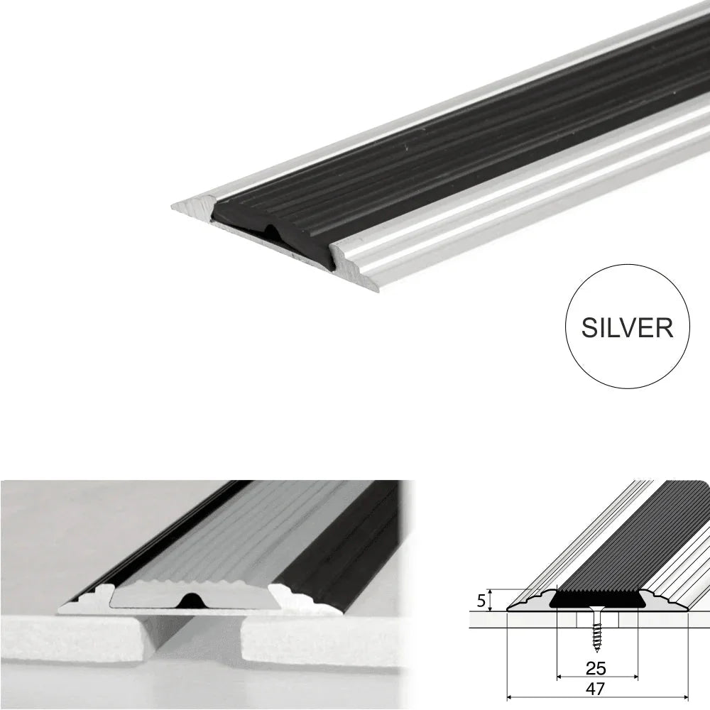 50mm Flat Aluminium Threshold Strip with Anti-Slip Rubber Insert for Floors and Stairs