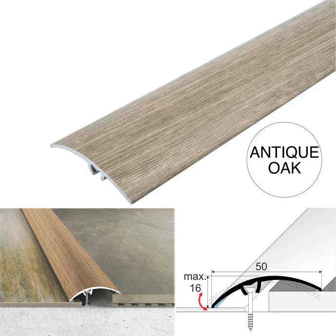 50mm Aluminium Wood Effect Floor Transition Strip with Hidden Screw Fixing
