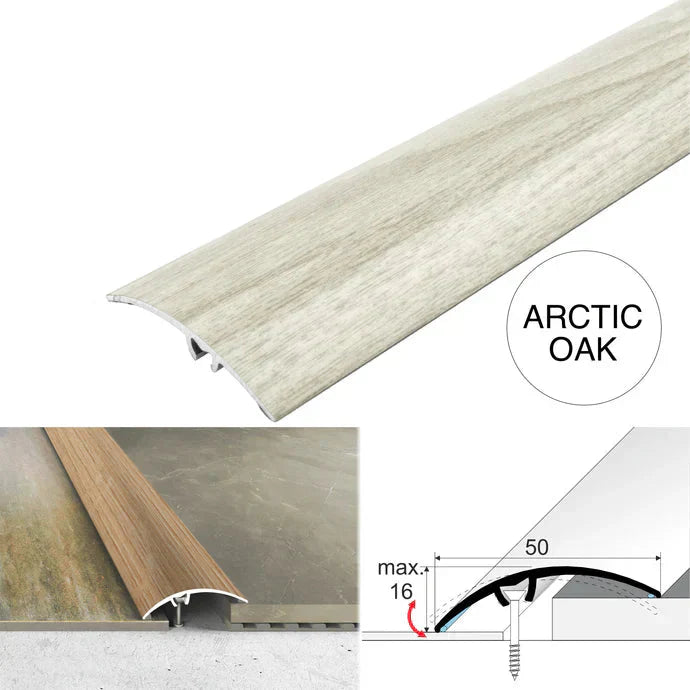 50mm Aluminium Wood Effect Floor Transition Strip with Hidden Screw Fixing